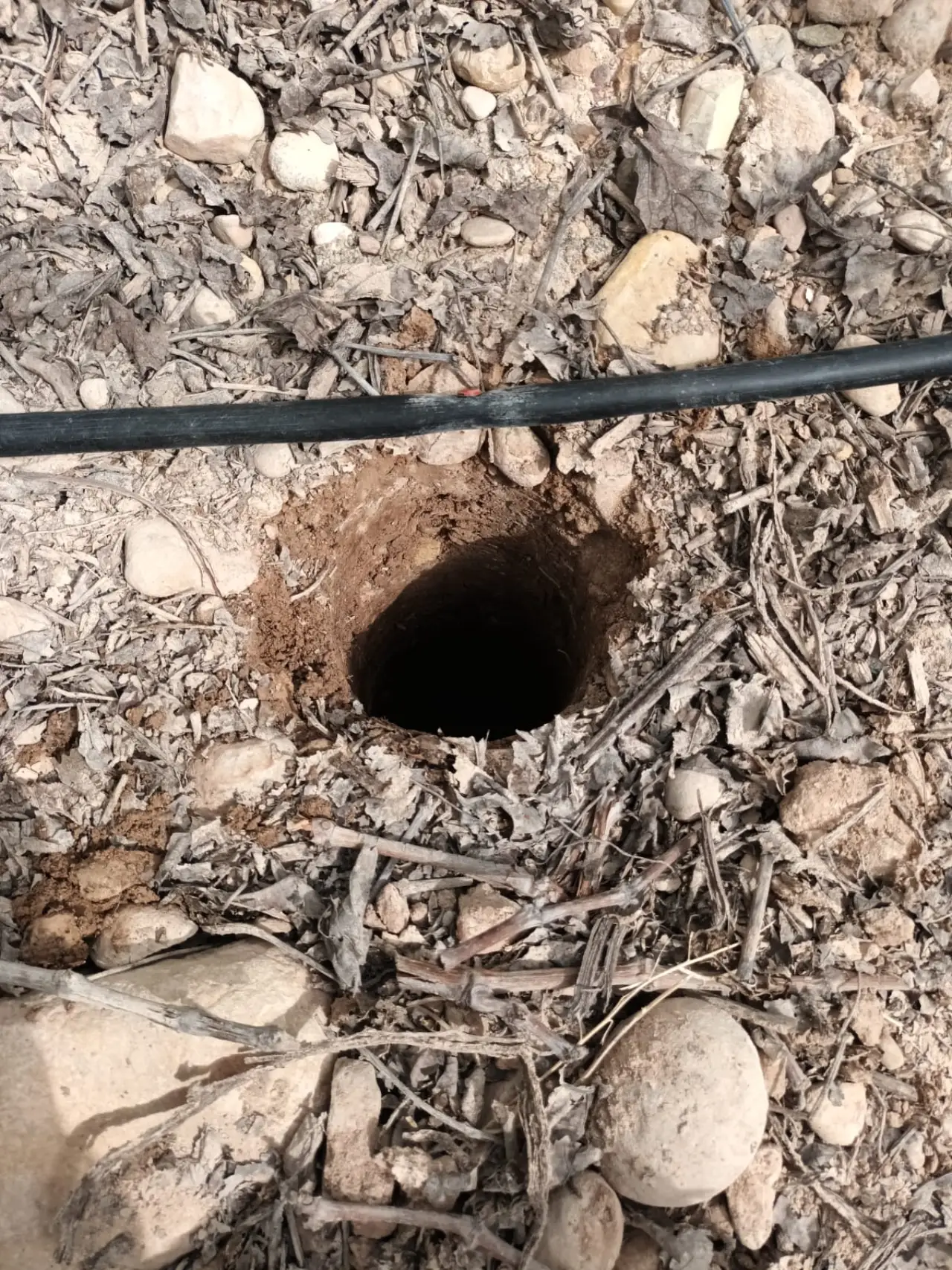 Orificio preparado para la instalación de un sensor junto a la tubería de goteo