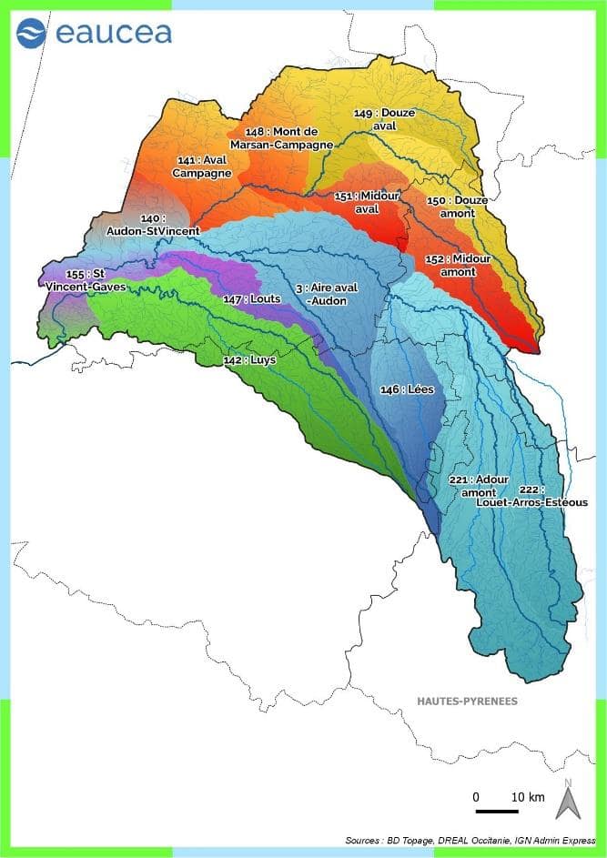 Mapa de la cuenca vertiente del Adour con sus subcuencas