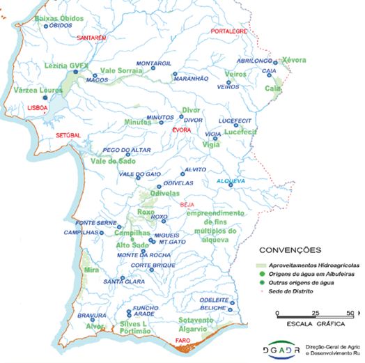 Mapa con la localización de los aprovechamientos hidroagrícolas del sur de Portugal